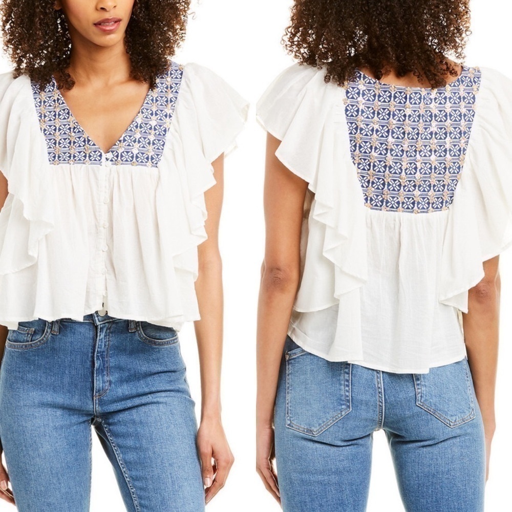 RAGA Fenia Boho Sequin Flutter Ruffled Button Front Peasant Blouse Size Medium